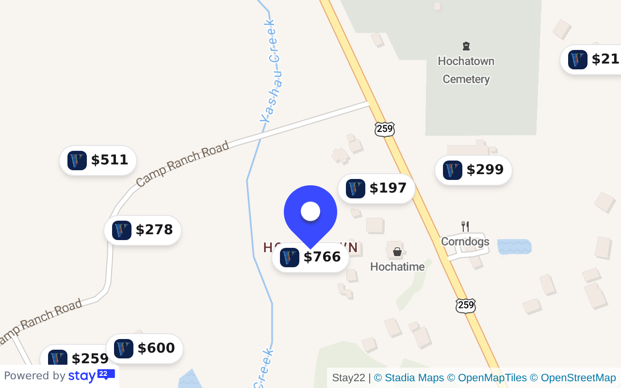 Map of Hochatown rentals with nightly prices
